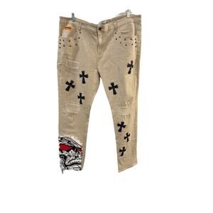 Brand X Jeans Men’s 42 Beige Distressed Cross Embellished Skull Print Unique